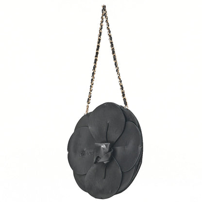 CHANEL Logo Camellia Pattern Chain Shoulder Satin x Leather Black Gold-Tone Hardware, Pre-Owned
