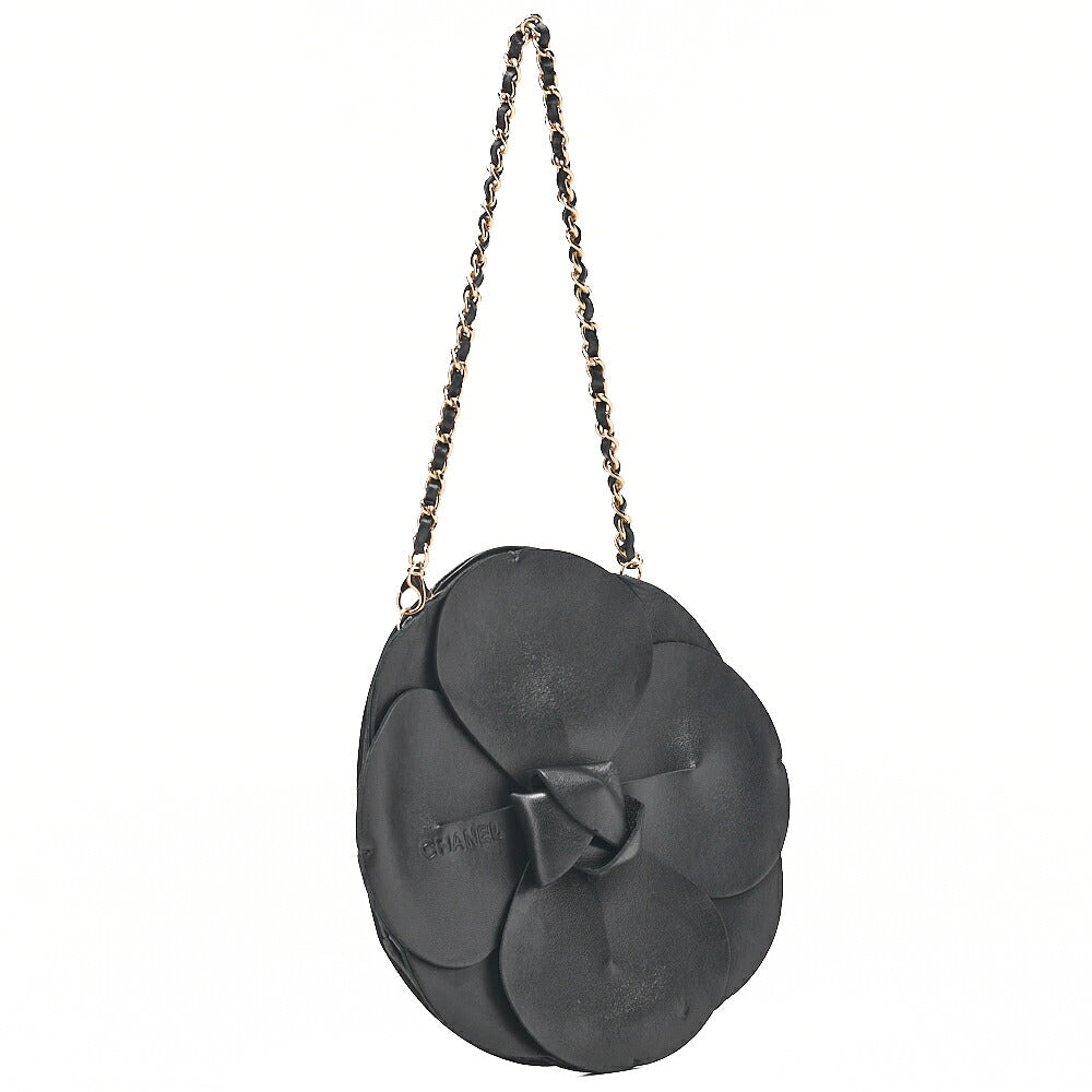 CHANEL Logo Camellia Pattern Chain Shoulder Satin x Leather Black Gold-Tone Hardware, Pre-Owned