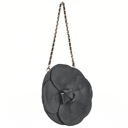 CHANEL Logo Camellia Pattern Chain Shoulder Satin x Leather Black Gold-Tone Hardware, Pre-Owned