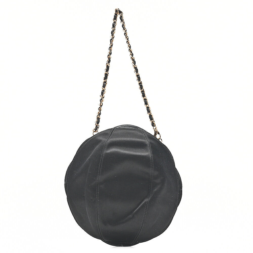 CHANEL Logo Camellia Pattern Chain Shoulder Satin x Leather Black Gold-Tone Hardware, Pre-Owned