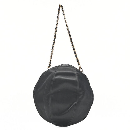 CHANEL Logo Camellia Pattern Chain Shoulder Satin x Leather Black Gold-Tone Hardware, Pre-Owned