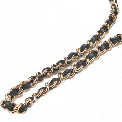 CHANEL Logo Camellia Pattern Chain Shoulder Satin x Leather Black Gold-Tone Hardware, Pre-Owned