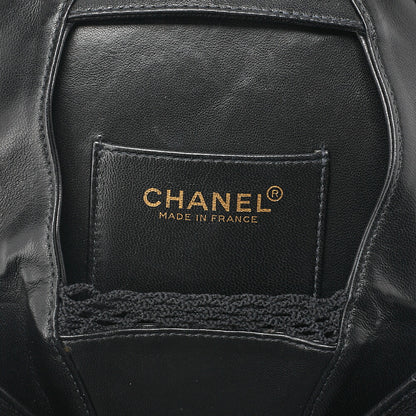 CHANEL Logo Camellia Pattern Chain Shoulder Satin x Leather Black Gold-Tone Hardware, Pre-Owned