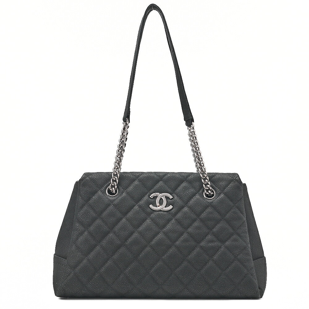 CHANEL Matelasse Cocomark Double Chain Shoulder Bag Caviar Skin Black Silver -Tone Hardware, Pre-Owned