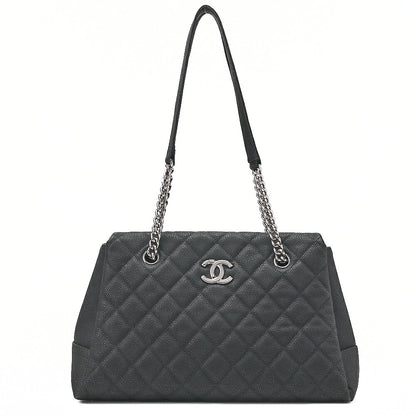 CHANEL Matelasse Cocomark Double Chain Shoulder Bag Caviar Skin Black Silver -Tone Hardware, Pre-Owned