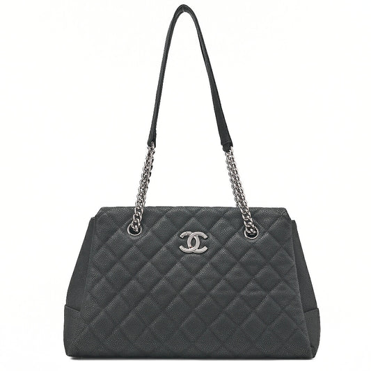 CHANEL Matelasse Cocomark Double Chain Shoulder Bag Caviar Skin Black Silver -Tone Hardware, Pre-Owned