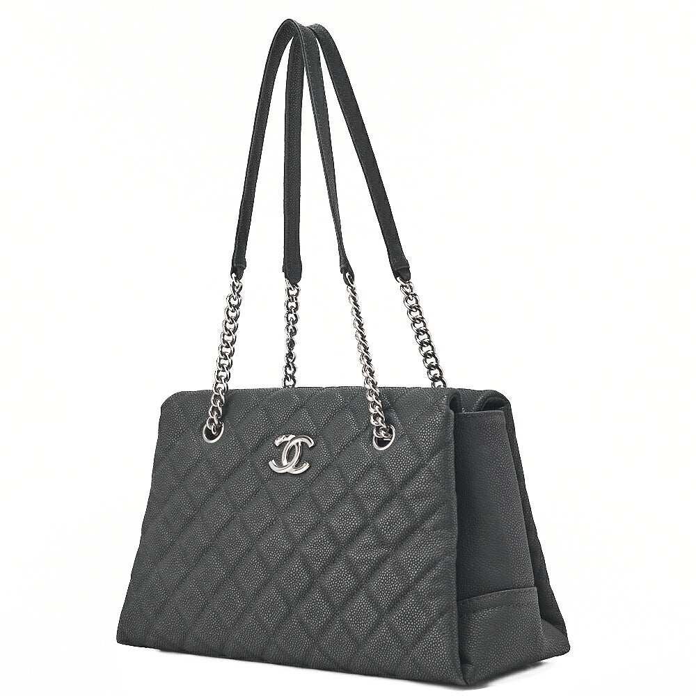 CHANEL Matelasse Cocomark Double Chain Shoulder Bag Caviar Skin Black Silver -Tone Hardware, Pre-Owned
