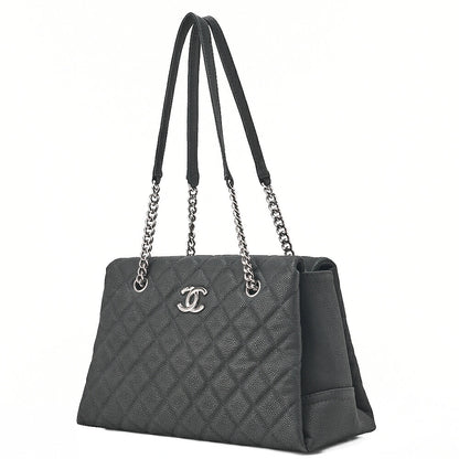 CHANEL Matelasse Cocomark Double Chain Shoulder Bag Caviar Skin Black Silver -Tone Hardware, Pre-Owned
