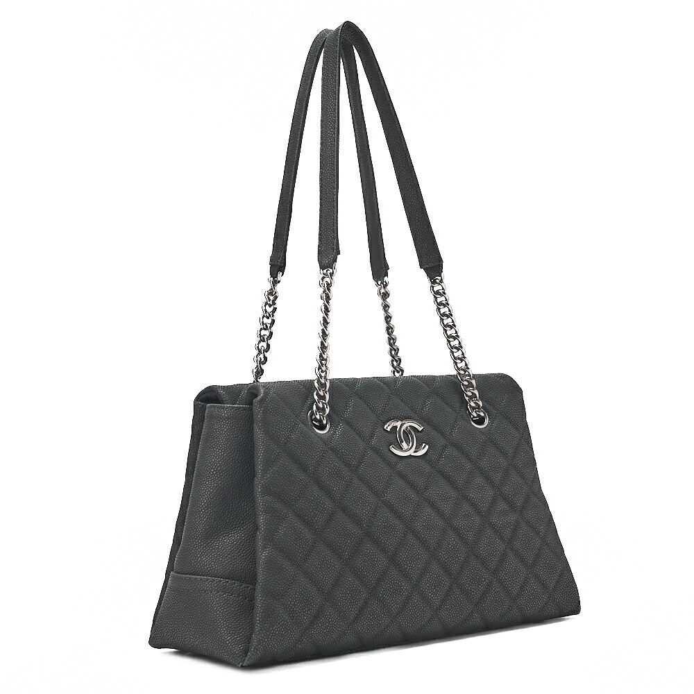 CHANEL Matelasse Cocomark Double Chain Shoulder Bag Caviar Skin Black Silver -Tone Hardware, Pre-Owned