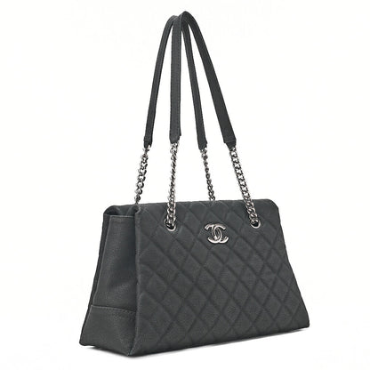 CHANEL Matelasse Cocomark Double Chain Shoulder Bag Caviar Skin Black Silver -Tone Hardware, Pre-Owned