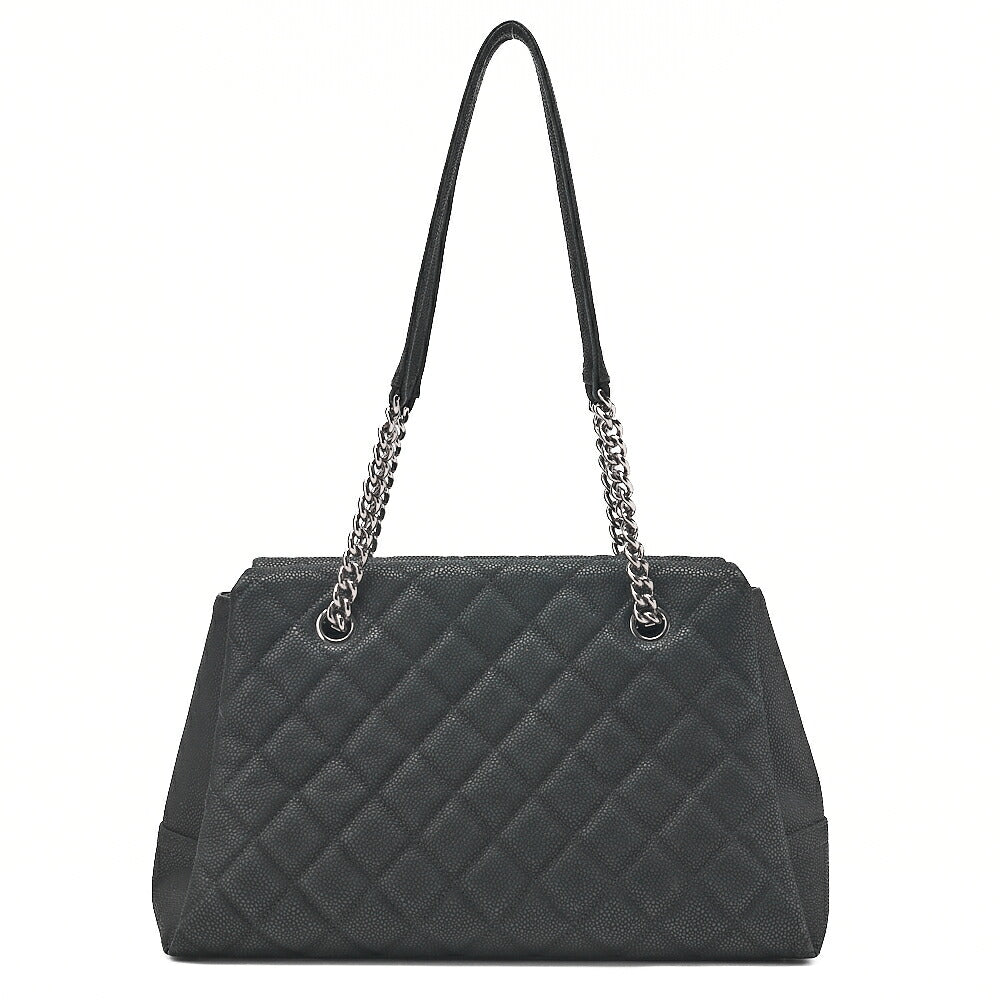 CHANEL Matelasse Cocomark Double Chain Shoulder Bag Caviar Skin Black Silver -Tone Hardware, Pre-Owned