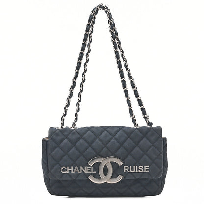 CHANEL Cruise Line Big Coco Mark Chain Shoulder Canvas Navy Silver-Tone Hardware, Pre-Owned