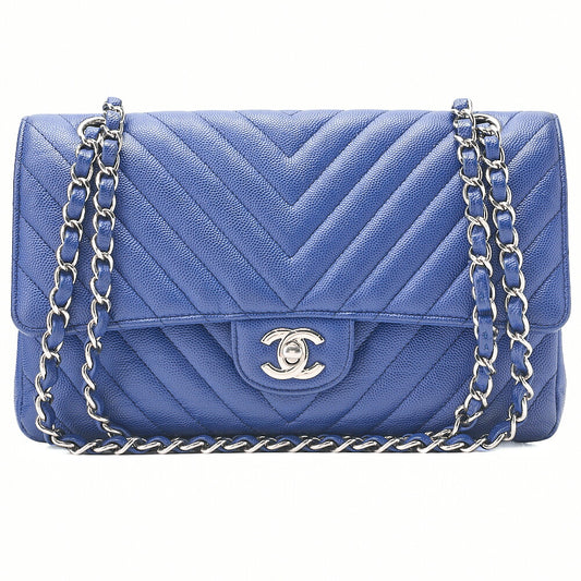 CHANEL V-Stitch Double Flap Chain Shoulder Bag Caviar Skin Blue Silver-Tone Hardware, Pre-Owned