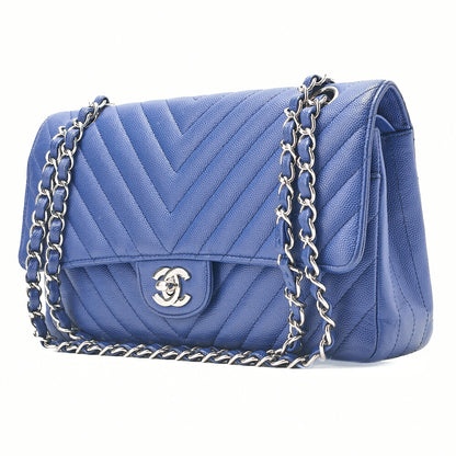 CHANEL V-Stitch Double Flap Chain Shoulder Bag Caviar Skin Blue Silver-Tone Hardware, Pre-Owned