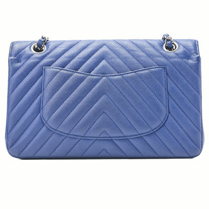 CHANEL V-Stitch Double Flap Chain Shoulder Bag Caviar Skin Blue Silver-Tone Hardware, Pre-Owned