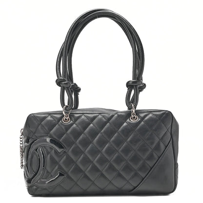 CHANEL Cambon Line Matlasse Handbag Calf Leather x Enamel Black Silver-Tone Hardware, Pre-Owned