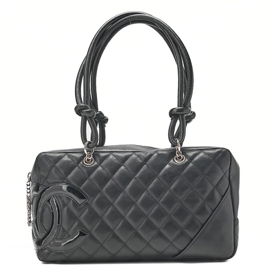 CHANEL Cambon Line Matlasse Handbag Calf Leather x Enamel Black Silver-Tone Hardware, Pre-Owned