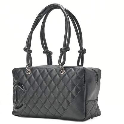 CHANEL Cambon Line Matlasse Handbag Calf Leather x Enamel Black Silver-Tone Hardware, Pre-Owned