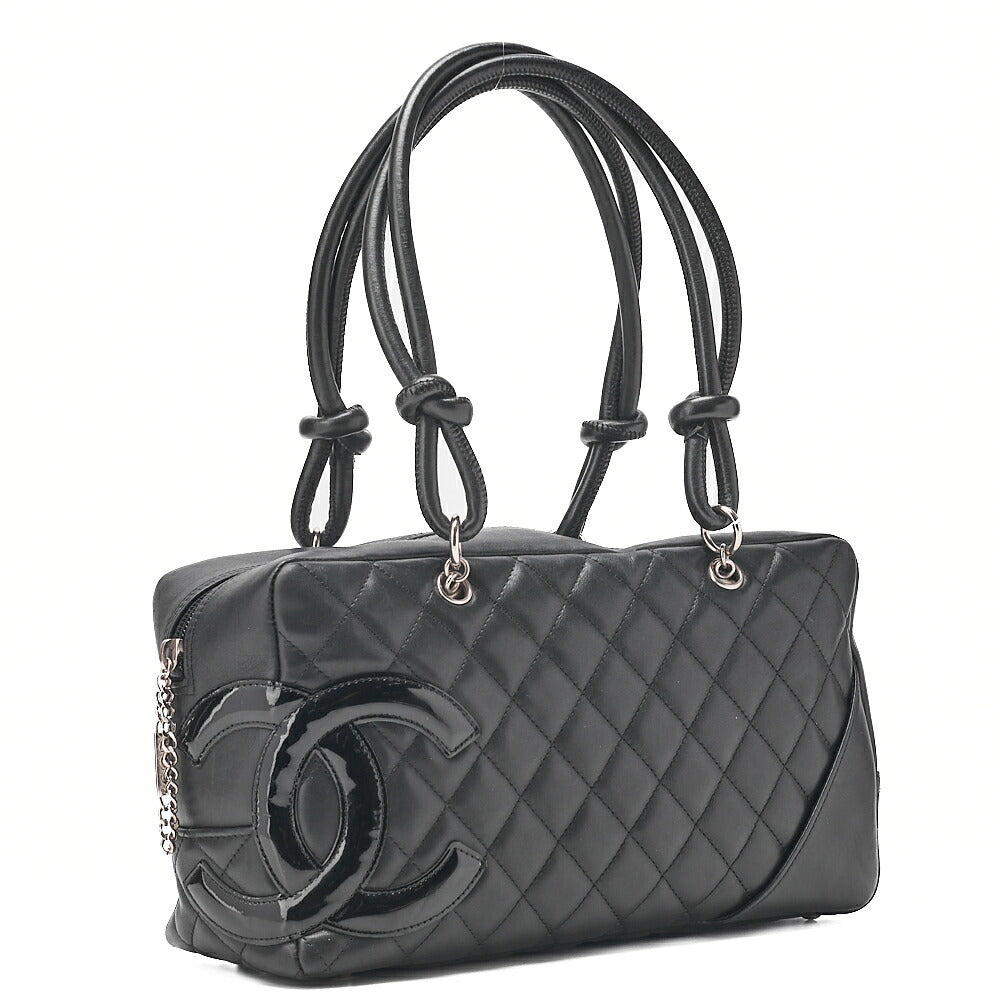 CHANEL Cambon Line Matlasse Handbag Calf Leather x Enamel Black Silver-Tone Hardware, Pre-Owned