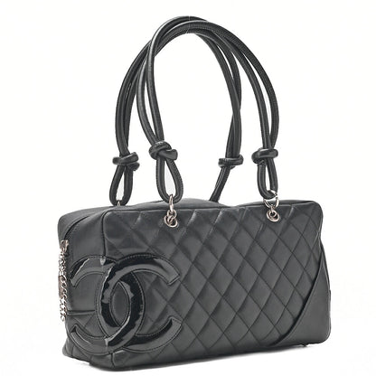 CHANEL Cambon Line Matlasse Handbag Calf Leather x Enamel Black Silver-Tone Hardware, Pre-Owned