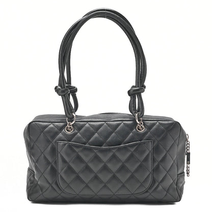 CHANEL Cambon Line Matlasse Handbag Calf Leather x Enamel Black Silver-Tone Hardware, Pre-Owned