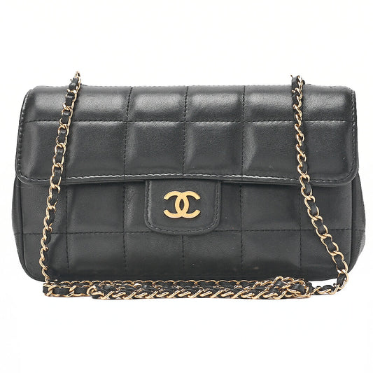CHANEL Chanel Chocolate Bar Single Flap Chain Shoulder Lambskin Black Gold-Tone Hardware, Pre-Owned