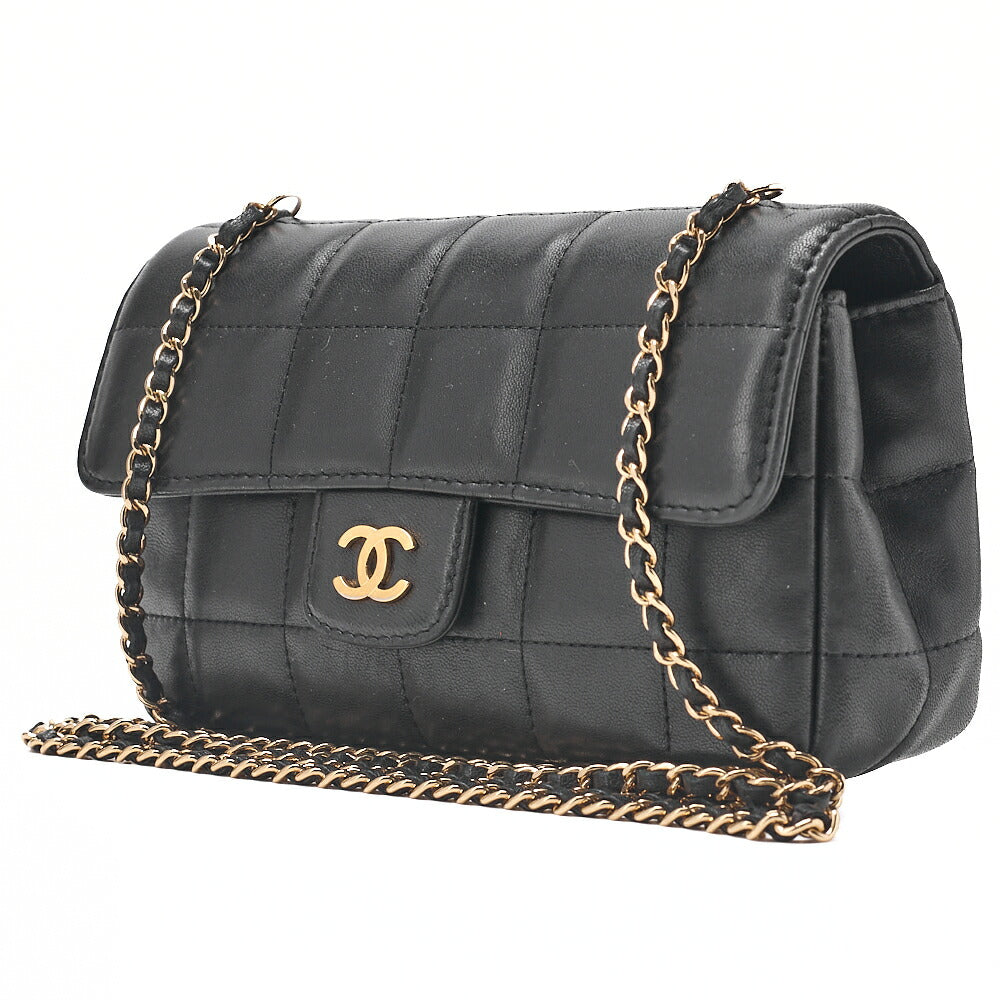 CHANEL シャネル チョコバーステッチ シングル フラップ チェーンショルダー ラムスキン 黒 ゴールド金具 中古