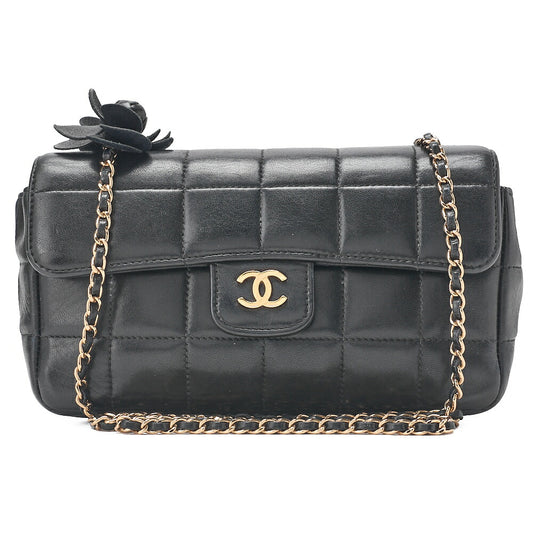 CHANEL Chocolate Bar Camellia Chain Shoulder Bag Lambskin Black Gold-Tone Hardware, Pre-Owned