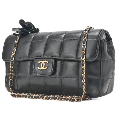 CHANEL Chocolate Bar Camellia Chain Shoulder Bag Lambskin Black Gold-Tone Hardware, Pre-Owned