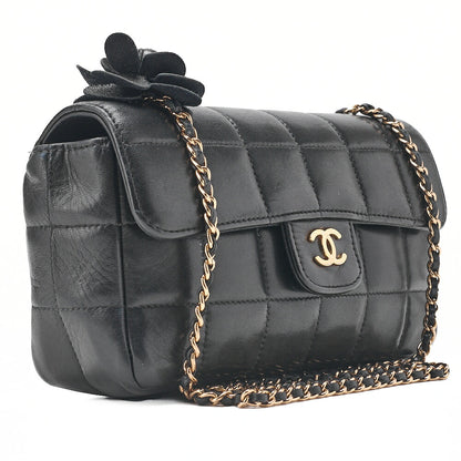 CHANEL Chocolate Bar Camellia Chain Shoulder Bag Lambskin Black Gold-Tone Hardware, Pre-Owned