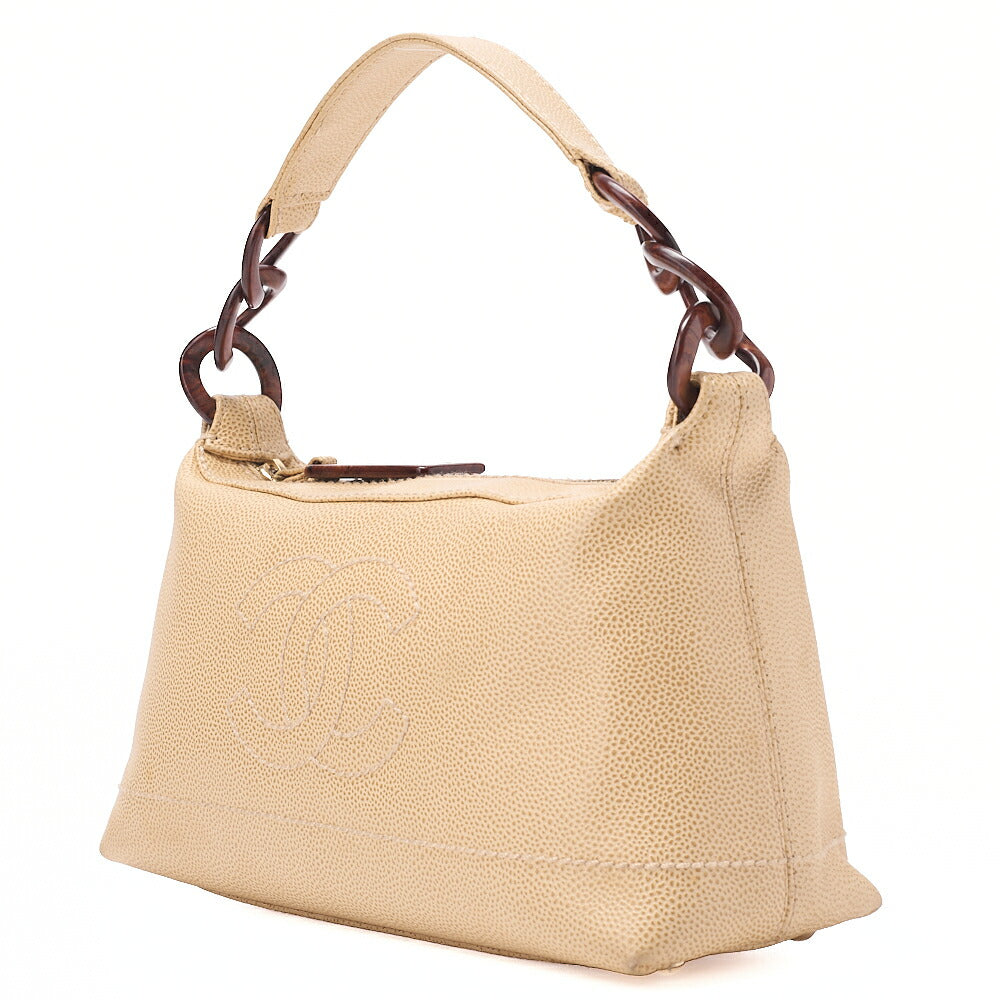 CHANEL Coco Mark Wood Handle Tote Beige Caviar Skin Beige Gold-Tone Hardware, Pre-Owned