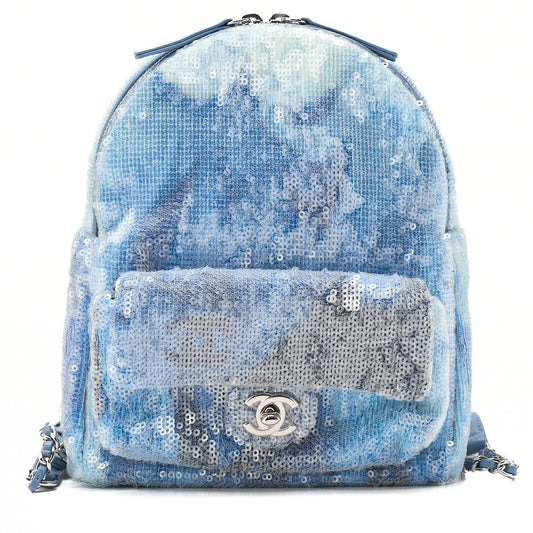 CHANEL Sequin Cocomark Chain Backpack Blue Multicolor Silver-Tone Hardware, Pre-Owned