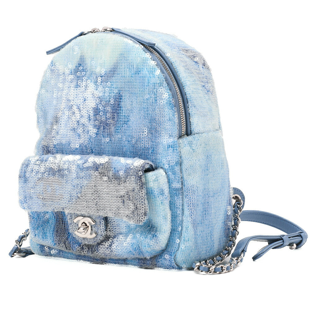CHANEL Sequin Cocomark Chain Backpack Blue Multicolor Silver-Tone Hardware, Pre-Owned