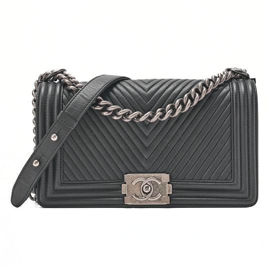 CHANEL Lambskin Boy Chanel V-Stitch Chain Shoulder Black Silver-Tone Hardware, Pre-Owned