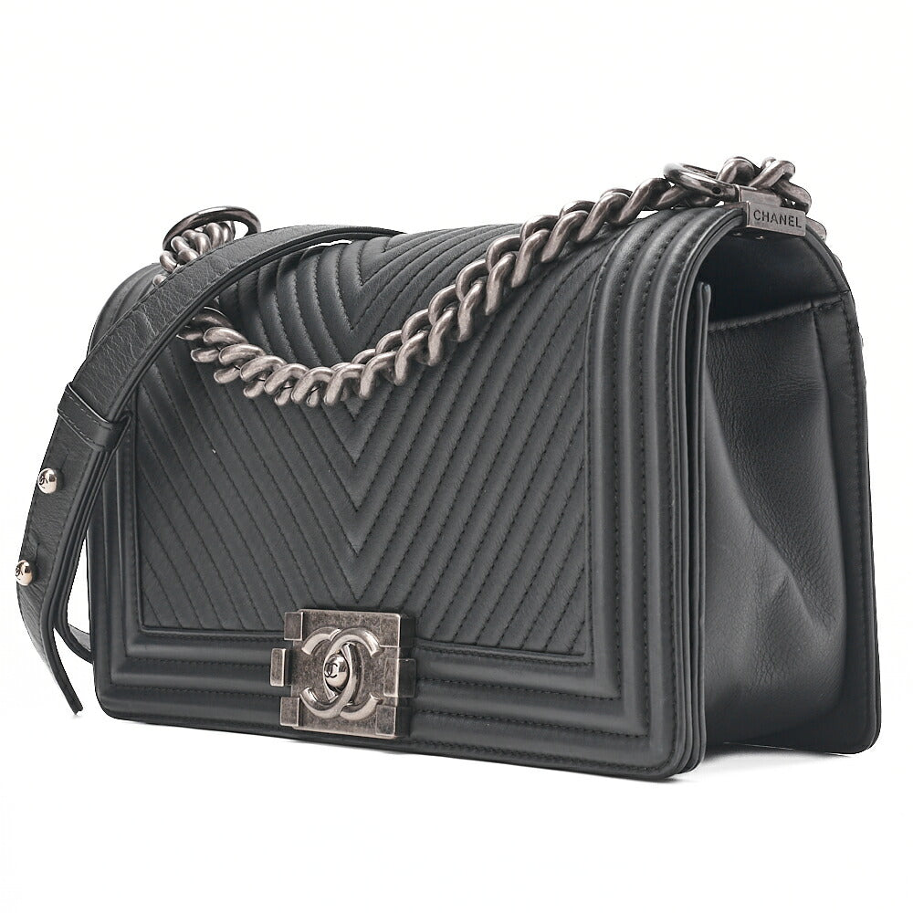 CHANEL Lambskin Boy Chanel V-Stitch Chain Shoulder Black Silver-Tone Hardware, Pre-Owned