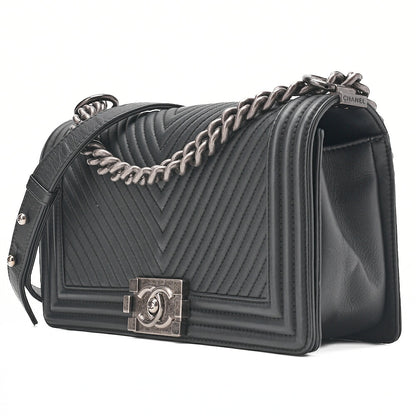 CHANEL Lambskin Boy Chanel V-Stitch Chain Shoulder Black Silver-Tone Hardware, Pre-Owned