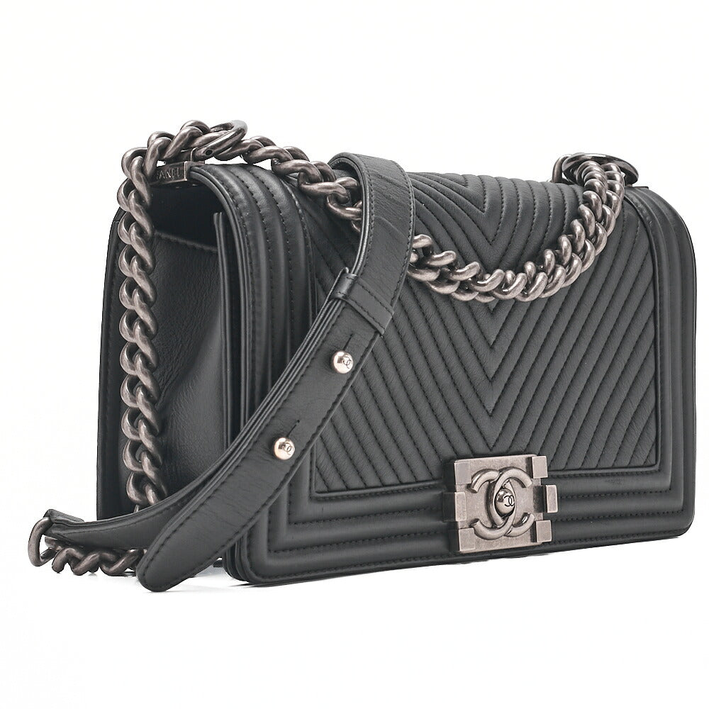 CHANEL Lambskin Boy Chanel V-Stitch Chain Shoulder Black Silver-Tone Hardware, Pre-Owned
