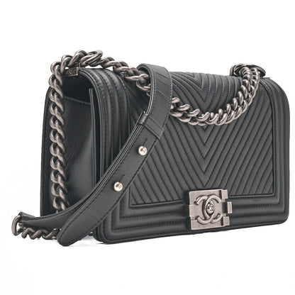 CHANEL Lambskin Boy Chanel V-Stitch Chain Shoulder Black Silver-Tone Hardware, Pre-Owned