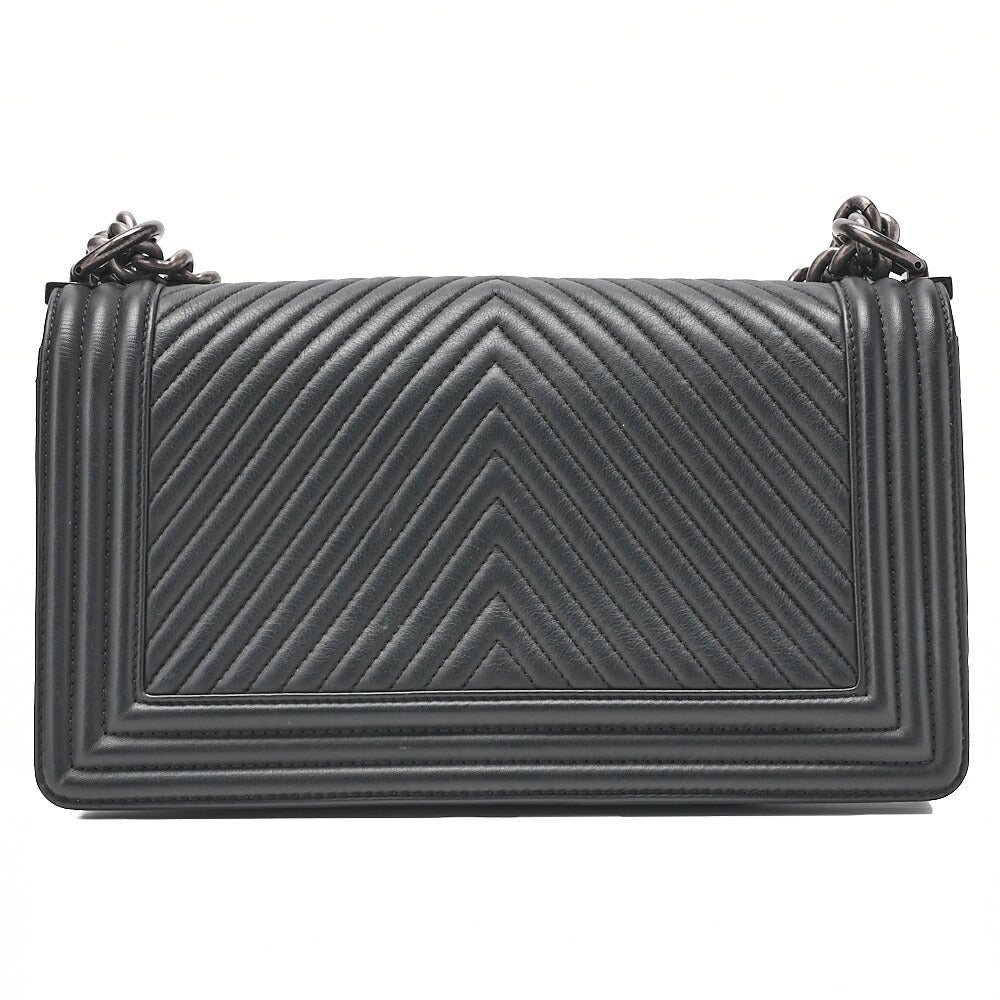CHANEL Lambskin Boy Chanel V-Stitch Chain Shoulder Black Silver-Tone Hardware, Pre-Owned