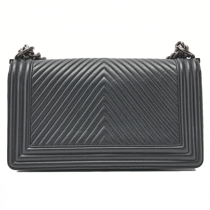 CHANEL Lambskin Boy Chanel V-Stitch Chain Shoulder Black Silver-Tone Hardware, Pre-Owned