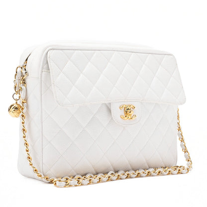 CHANEL Matlasse Coco Mark Ball Charm Chain Shoulder Bag Caviar Skin White Gold-Tone Hardware, Pre-Owned