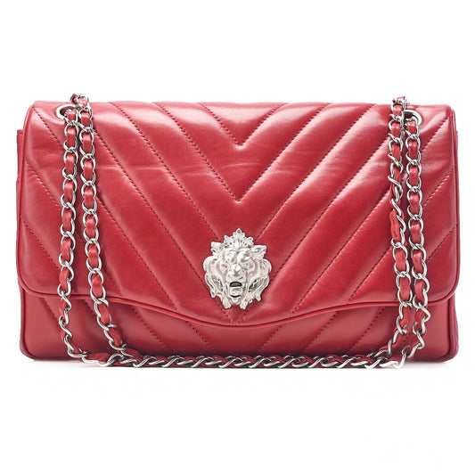 CHANEL V-Stitch Chevron Lion Lock Chain Shoulder Lambskin Red Silver-Tone Hardware, Pre-Owned