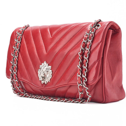 CHANEL V-Stitch Chevron Lion Lock Chain Shoulder Lambskin Red Silver-Tone Hardware, Pre-Owned
