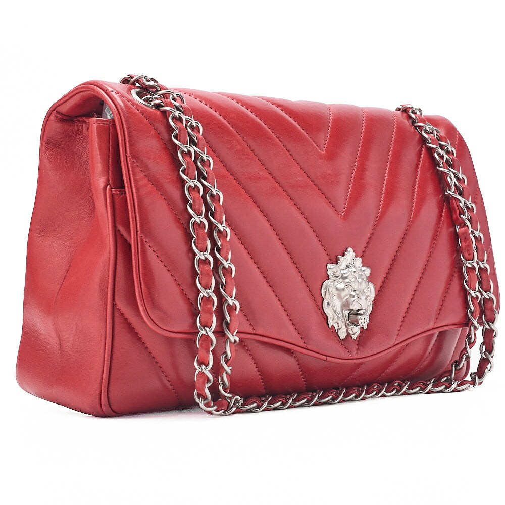 CHANEL V-Stitch Chevron Lion Lock Chain Shoulder Lambskin Red Silver-Tone Hardware, Pre-Owned