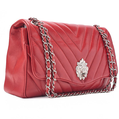CHANEL V-Stitch Chevron Lion Lock Chain Shoulder Lambskin Red Silver-Tone Hardware, Pre-Owned