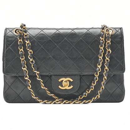 CHANEL Lambskin Matelasse Straight Flap Tanlock Double Flap Chain Shoulder Bag Black Gold-Tone Hardware, Pre-Owned