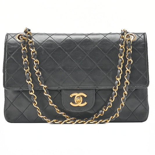 CHANEL Lambskin Matelasse Straight Flap Tanlock Double Flap Chain Shoulder Bag Black Gold-Tone Hardware, Pre-Owned