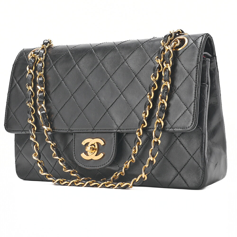 CHANEL Lambskin Matelasse Straight Flap Tanlock Double Flap Chain Shoulder Bag Black Gold-Tone Hardware, Pre-Owned