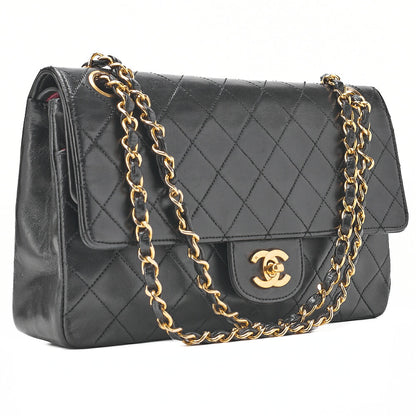 CHANEL Lambskin Matelasse Straight Flap Tanlock Double Flap Chain Shoulder Bag Black Gold-Tone Hardware, Pre-Owned