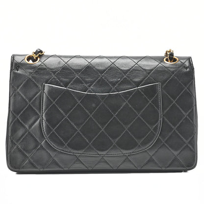 CHANEL Lambskin Matelasse Straight Flap Tanlock Double Flap Chain Shoulder Bag Black Gold-Tone Hardware, Pre-Owned